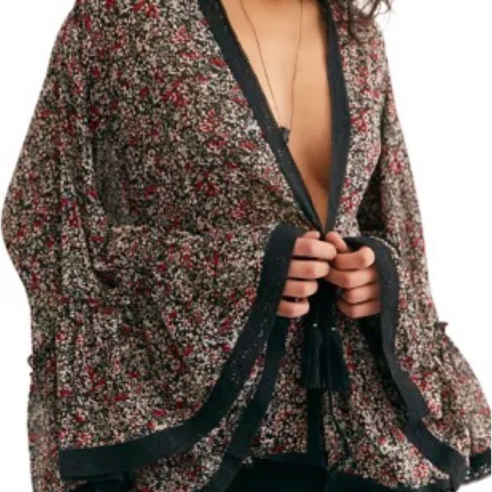 Free People Lola Floral Kimono Sheer M Black
